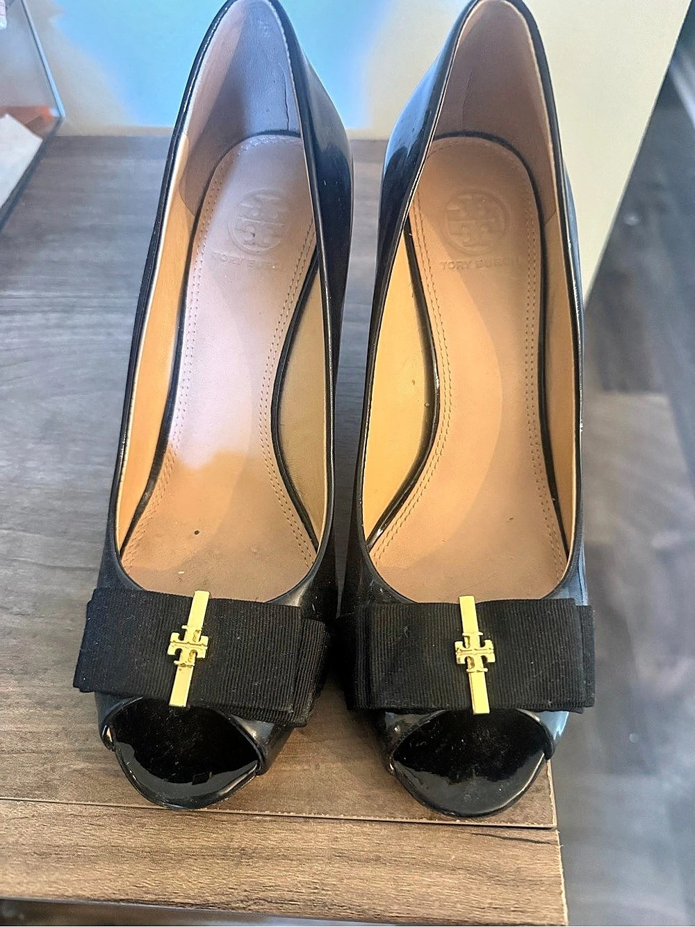 Tory Burch Trudy Peep-Toe Wedge Pumps Black Patent Bow Wedge Pumps
